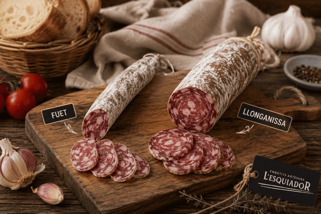 Fuet i llonganissa artesans d'Embotits Esquiador tallats en un plat de fusta